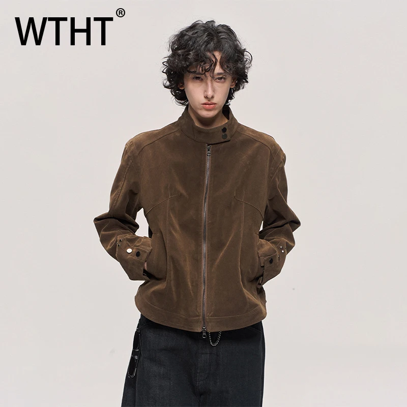

WTHT Vintage Men's Solid Color American Style Loose Coats Fashion 2025 Autumn Stand Collar Long Sleeves Jackets Male 2A1749