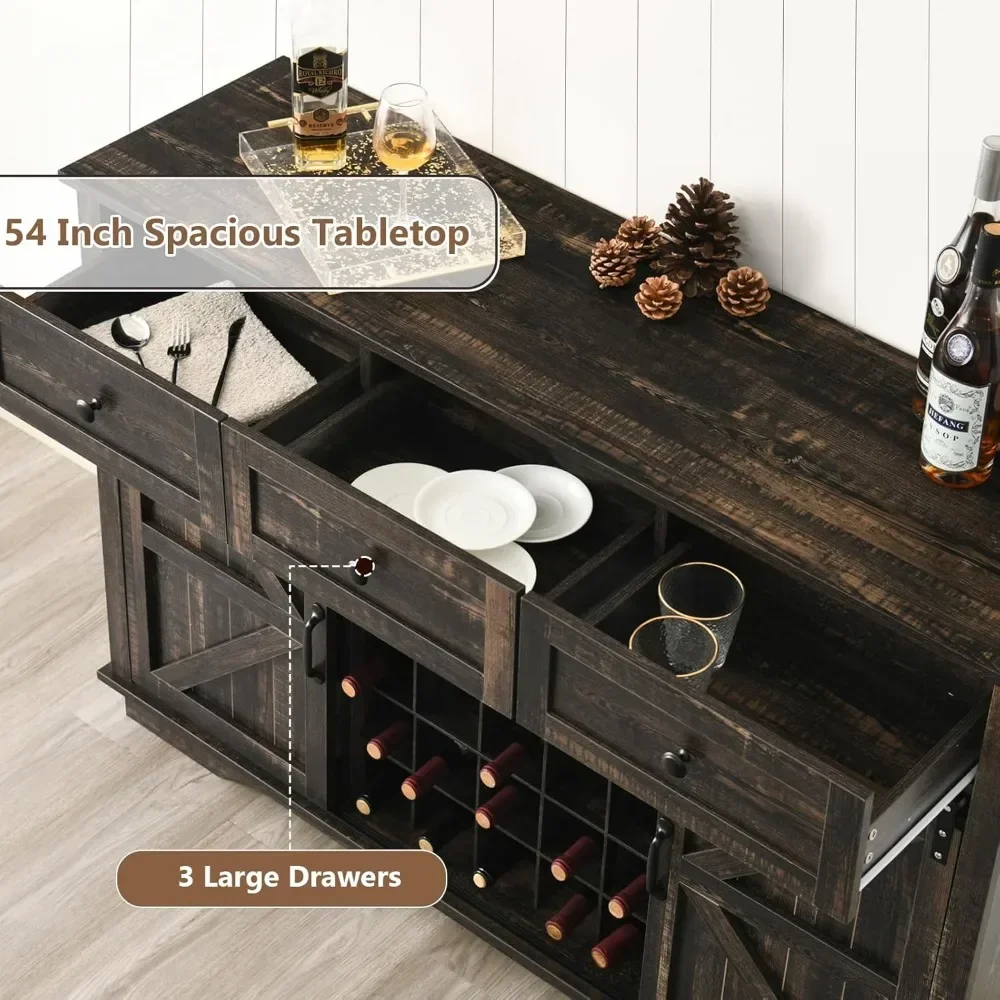 Farmhouse Wine Bar Cabinet with Sliding Barn Doors|54" Large Buffet Cabinet with 15 Wine Rack|Glass Rack