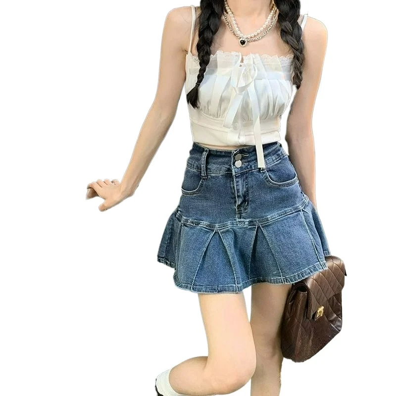 

Универсальная модная новая эластичная плиссированная джинсовая юбка с двойной пряжкой, женская свободная и тонкая короткая юбка с высокой талией в стиле ретро