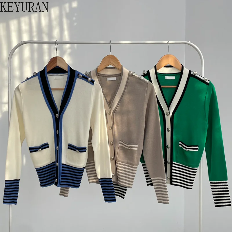 Korean Chic Striped Sweater Women Knitted Cardigan Vintage Knitwear V-neck Single Breasted Long Sleeve Tops Knitwear Jumpers