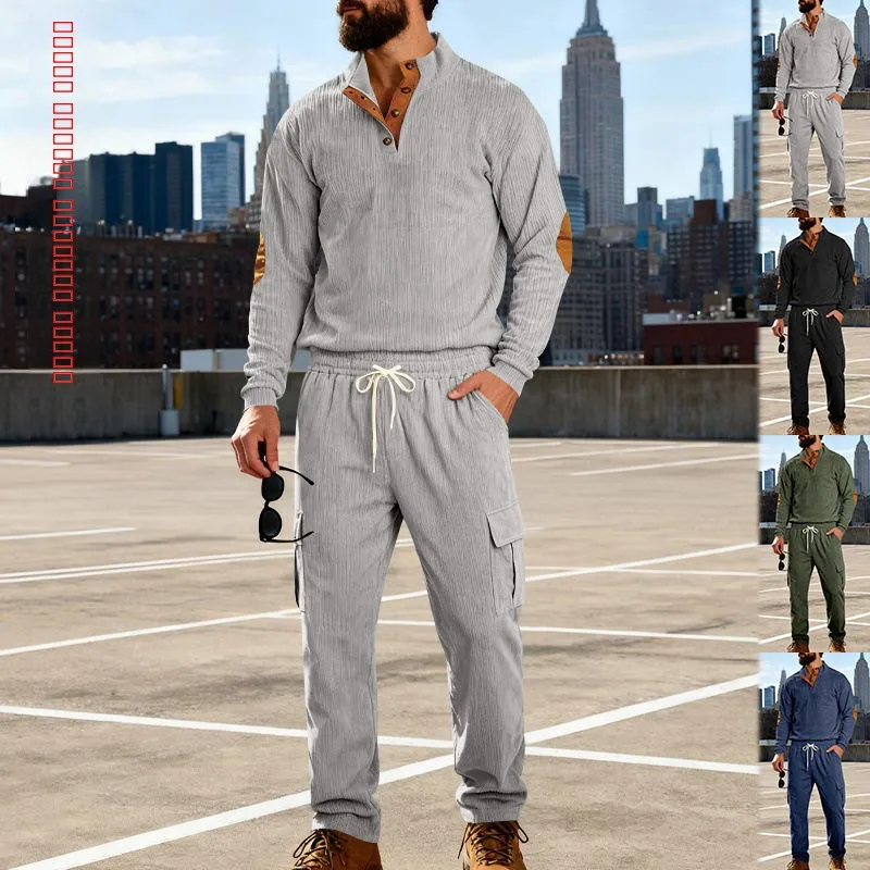 

Loose American Style Outdoor Workwear Sweatshirt Set with Button Corduroy Henry Collar Long Sleeve Pants Autumn New Arrival