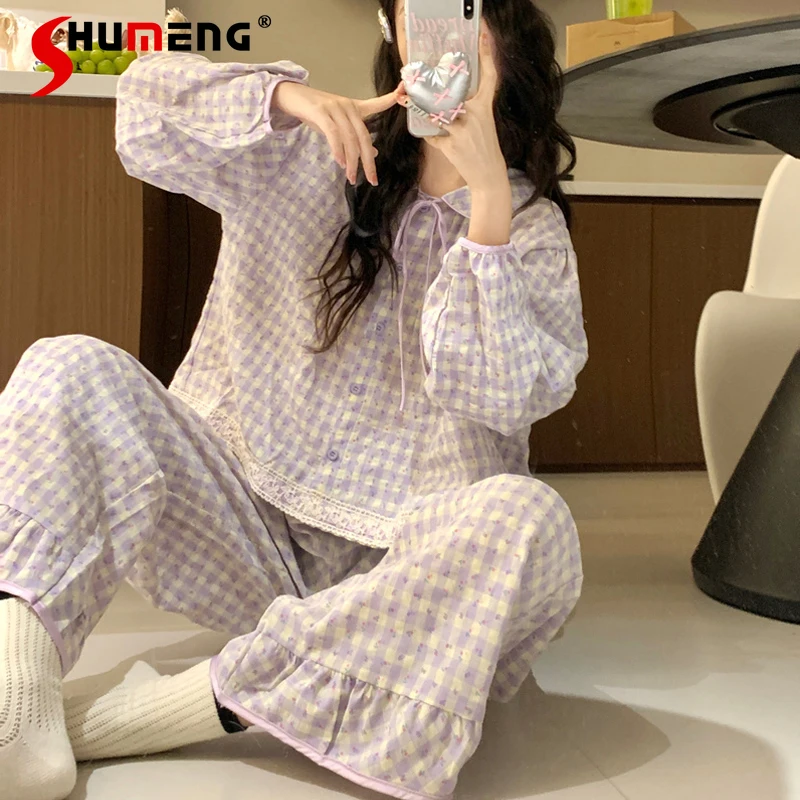 

All Cotton Plaid Pajamas for Women Spring Autumn Sweet Purple Sleep Wear Female Floral Palace Style Long Sleeve Homewear Set