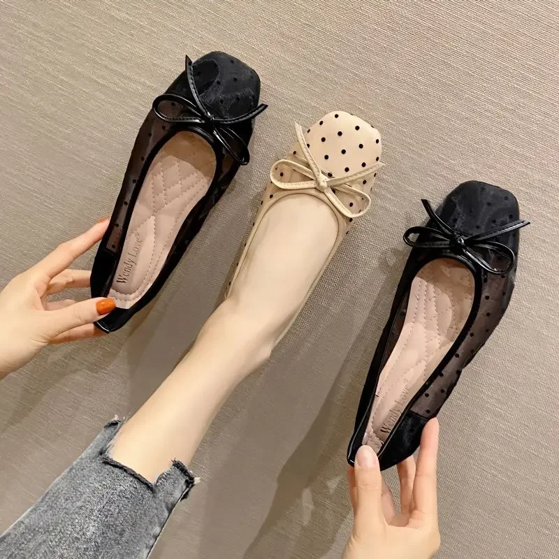 Shoes for Women 2024 Flat Ladies Summer Footwear with Bow Clear Transparent Black Flats Square Toe on Offer Non Slip 39 Shoe E A