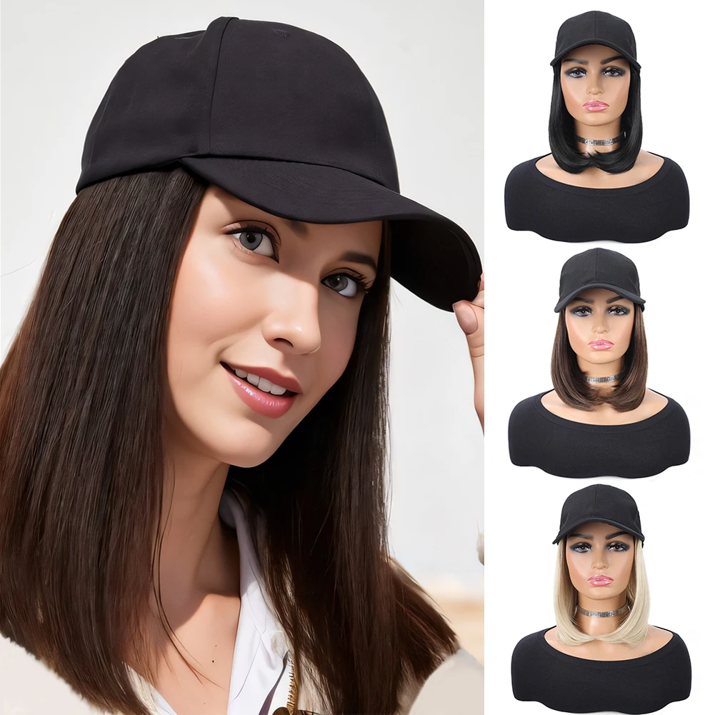 Baseball Cap with Synthetic Hair Extensions 10 Inches Straight Short Bob Hairstyle Adjustable Wig Hat for Women Girls Daily