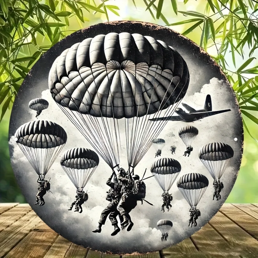 Vintage WWII Paratrooper Airborne Division Round Tin Sign, Retro Black and White Military Parachute Jump with Aircraft Metal Wal