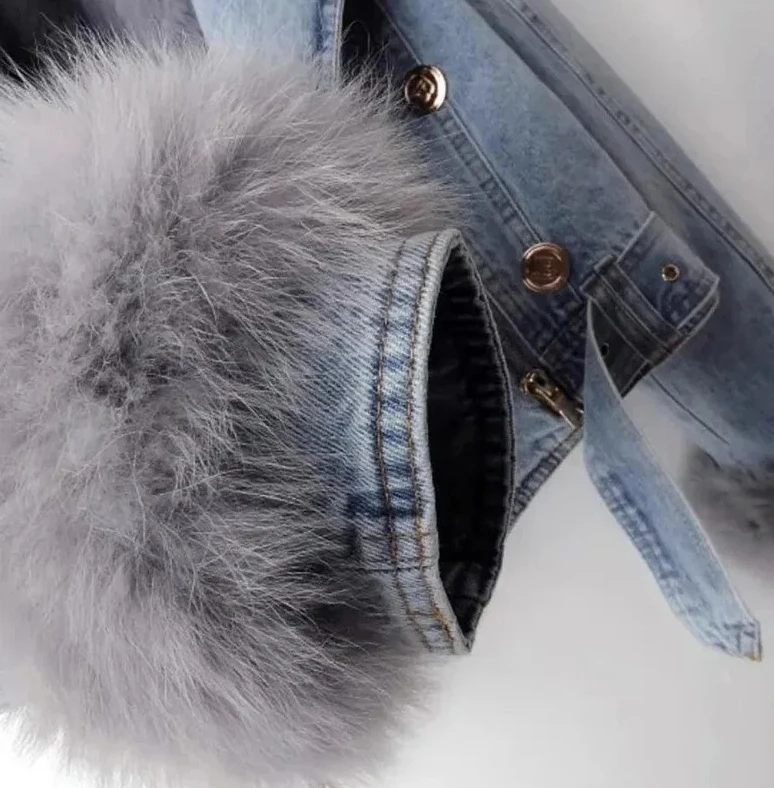 

Women Faux Fox Fur Collar Jean Coat Winter Denim Jacket Female Short Warm Rabbit Hair Lining Outwear Fashion Overcoat