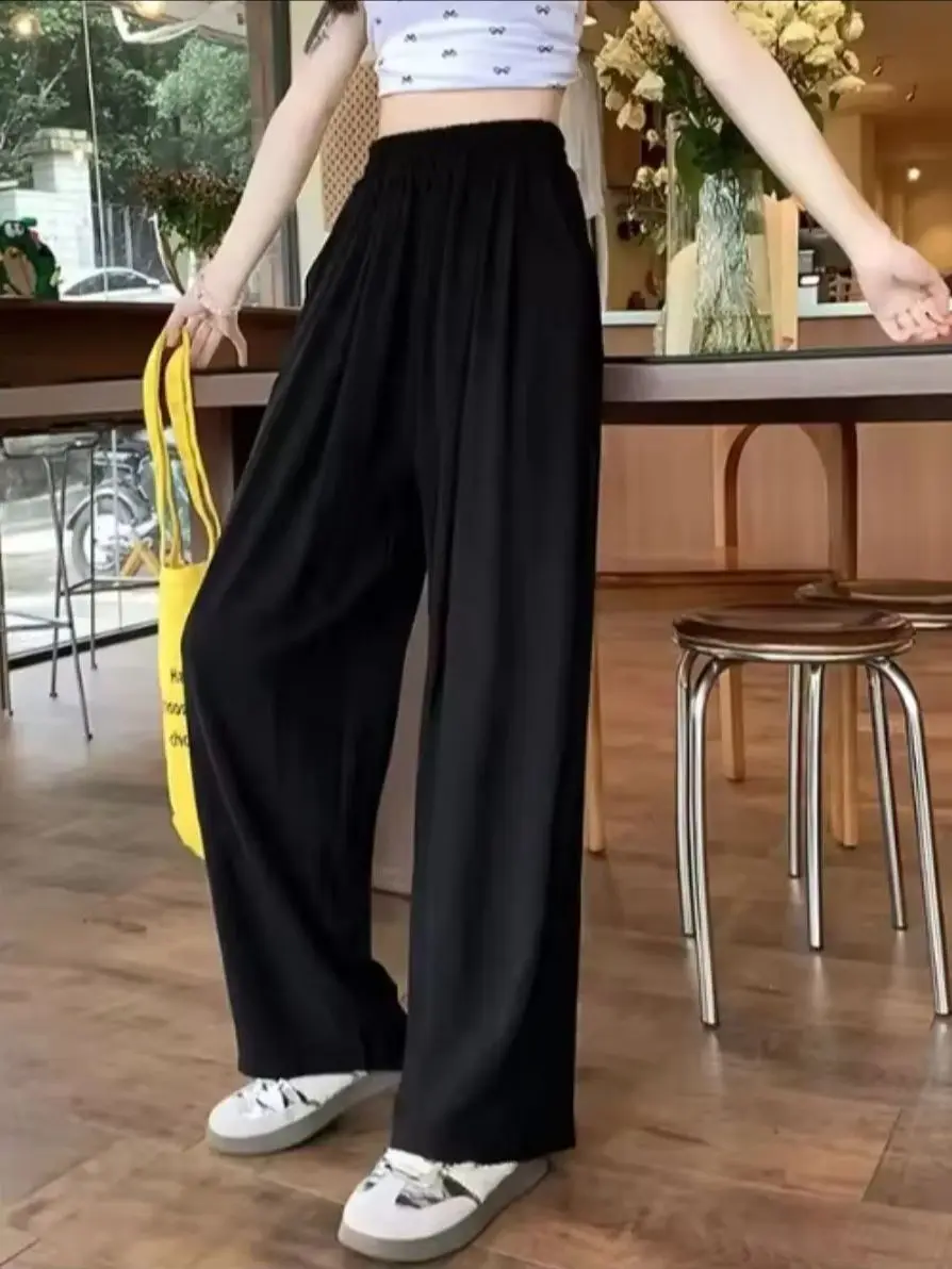 Plus size Women Ankle-Length Wide Leg Pants Casual Summer Solid Elastic Waist Loose Ice Silk Pants Spring Summer Female Trousers