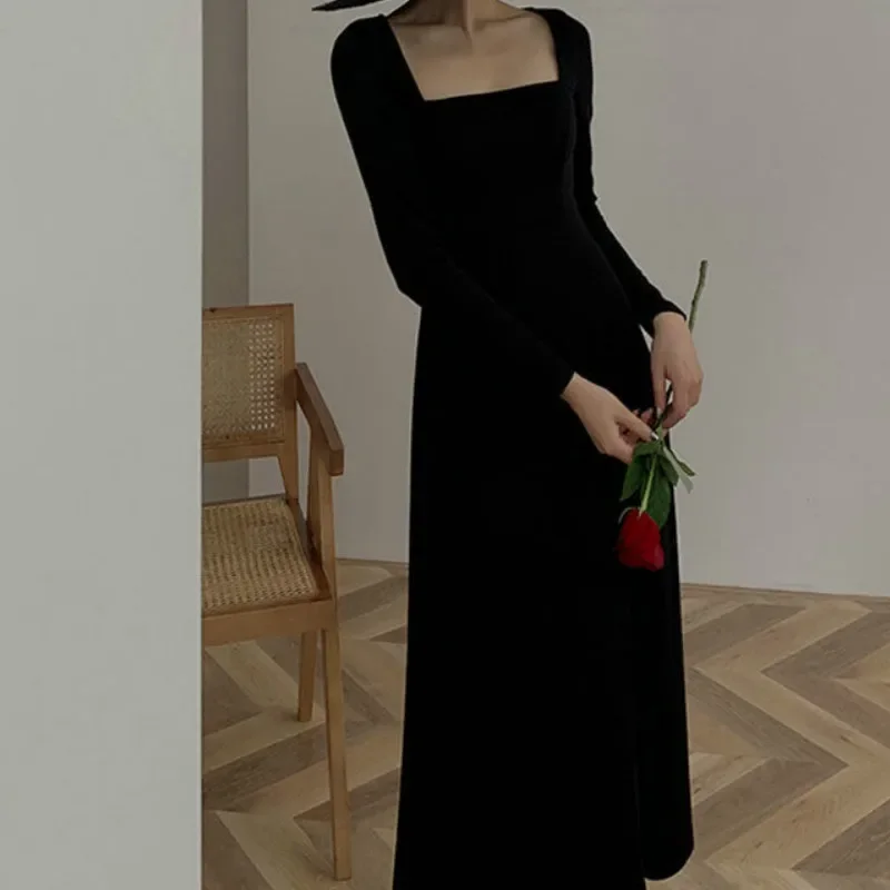 

Winter Office Lady French Bandage Square Collar Fashion One-piece Solid Party Maxi Dress New Women Autumn Black Elegant Dress