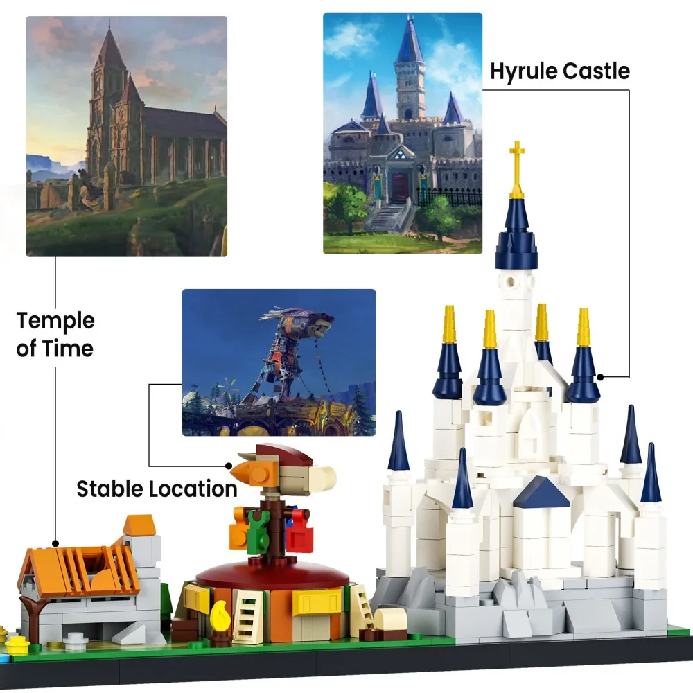 MOC Zeldaed Skyline Modello Building Blocks Hyrule Castello Tempio SheikahTower Spada laser Foresta Architettura Mattoni Giocattolo Regalo