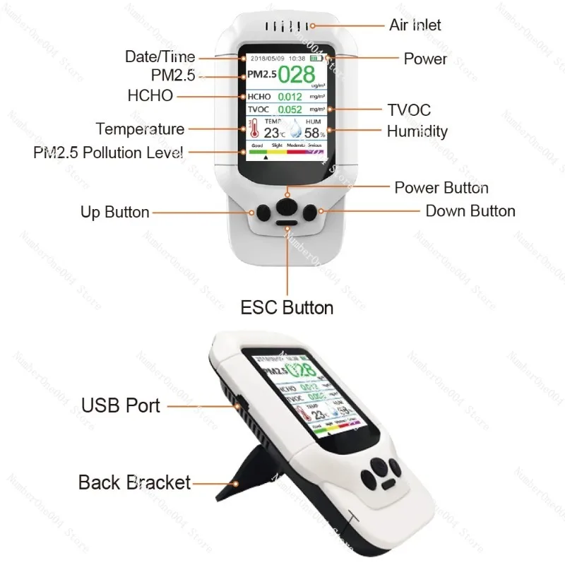 Portable White LCD Screen Air Quality Detector Multi-Function Temperature Humidity Automatic Calibration CE/ROHS Certified