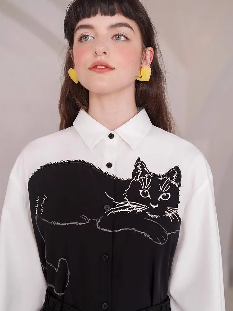 Kitten Embroidered Shirt for Women, Patch Design, Spring and Autumn, New Arrival