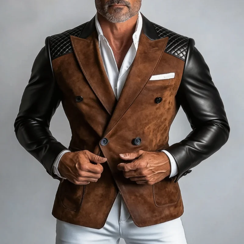 Men PU Leather Spliced Suede Double Breasted Blazer Quilted Shoulder Notched Lapel Slim Suit Jacket For Wedding Party Club Prom