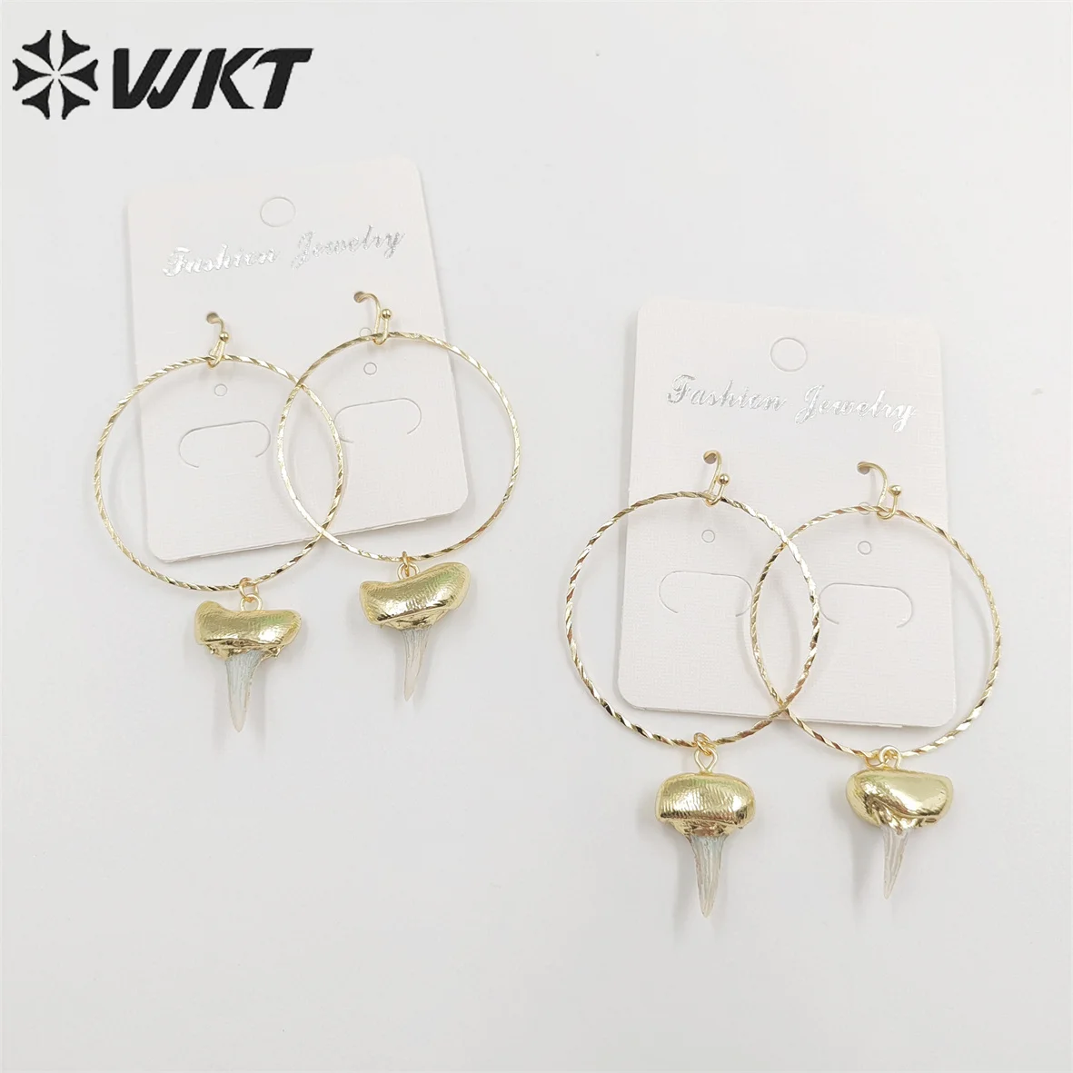WT-E676 Wholesale Unique Fashion Shark Tooth Earrings Specimen Teeth Big Ring Dangle With 18k Real Gold Plated