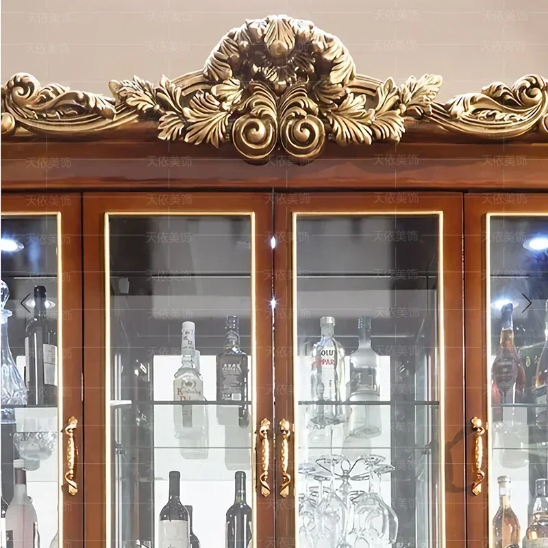 American solid wood four-door living room wine cabinet log carved gold wine cabinet European side cabinet