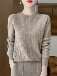 Classic Autumn Winter Women Pure Merino Wool Sweater Argyle O-Neck Knitted Pullover Casual Long Sleeve Cashmere Clothing Tops
