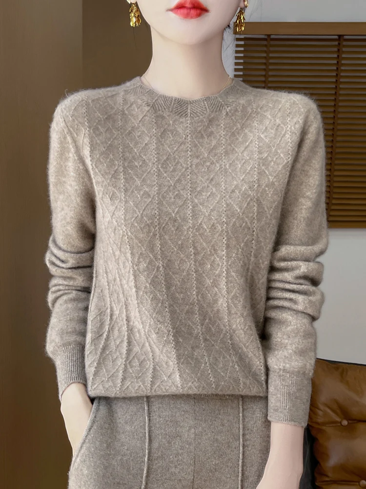 Klasyczny jesienno-zimowy damski sweter z czystej wełny merynosów Argyle O-Neck Dzianinowy sweter Casualowy długi rękaw Kaszmirowa odzież Topy