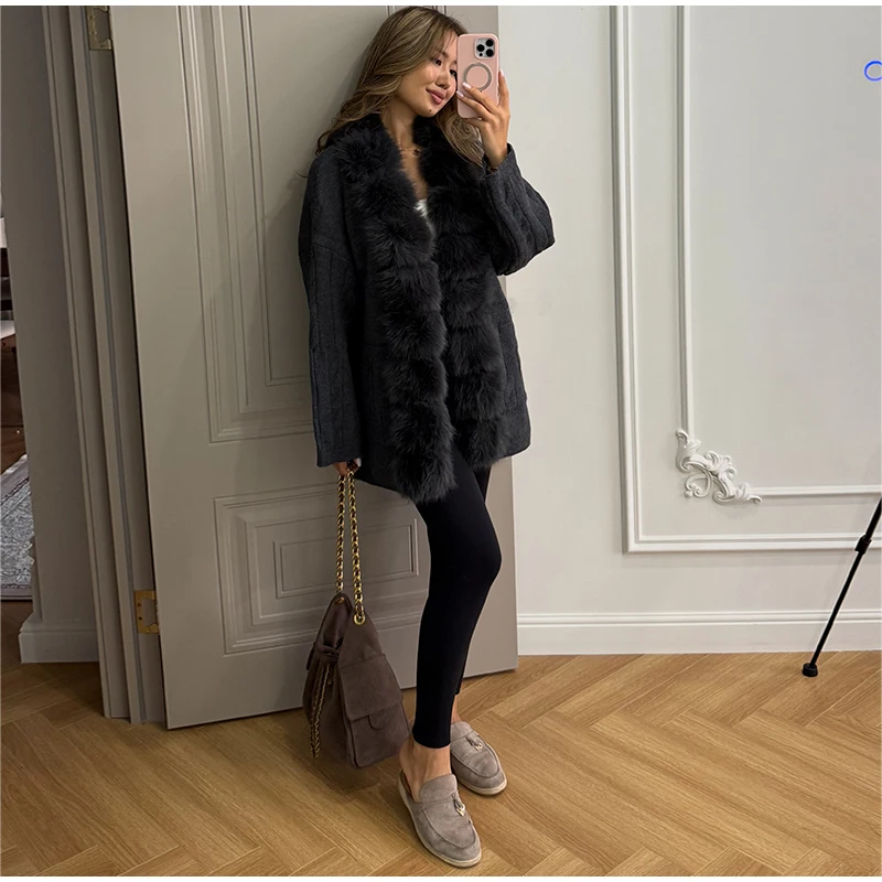 Cable Knit Cardigan with Faux Fur Collar — product details 31