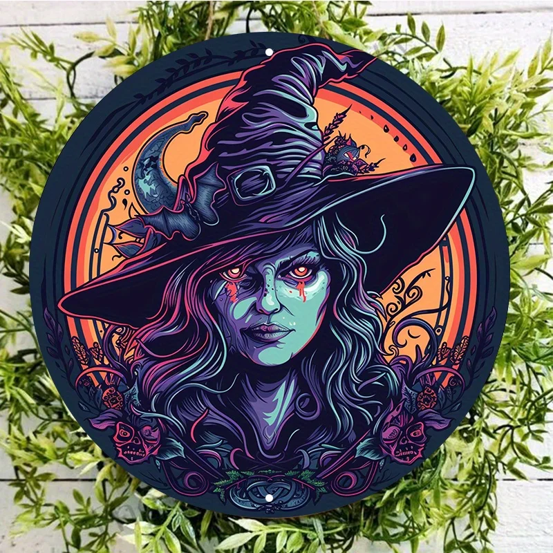 Terrifying Witch Round Aluminum Sign, UV and Scratch Resistant, Easy-Hang, Outdoor and Indoor Decoration, Wall Art, Home Decor