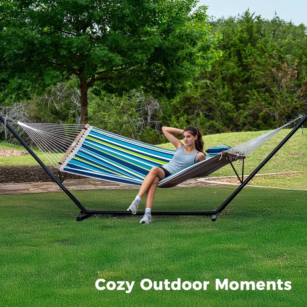 

Hammock with Stand, 2 Person Quilted Outdoor Hammock, Detachable Pillow amp Bamboo Spreaders, Portable Hammock with Carrying Ba