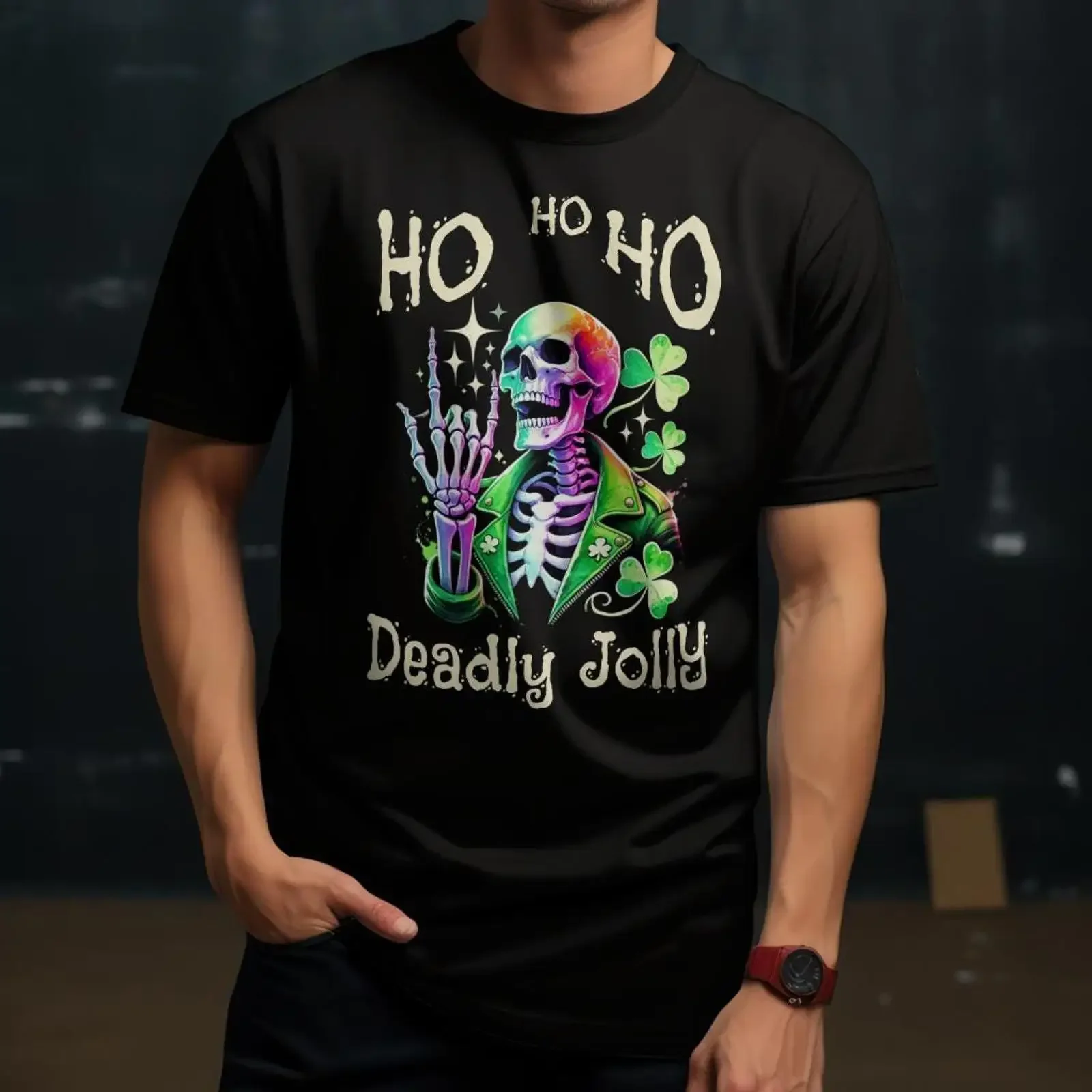 Deadly Jolly HO Skull St Patrick's Day T Shirt Funny Skeleton Shamrock Lucky Gothic  for Men vintage Washed streetwear