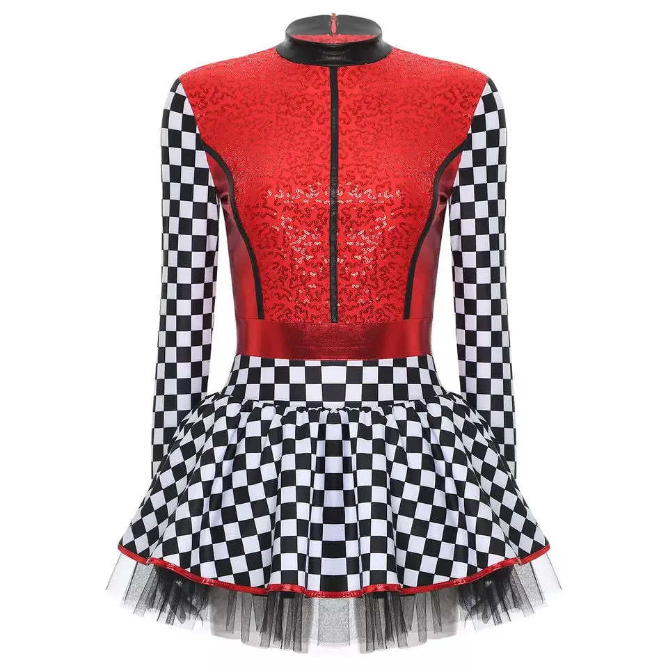 Women Race Car Driver Cosplay Costume Girl Long Sleeve Checkerboard Sequin Tutu Dress Rave Themed Party Racer Pole Play Dress Up