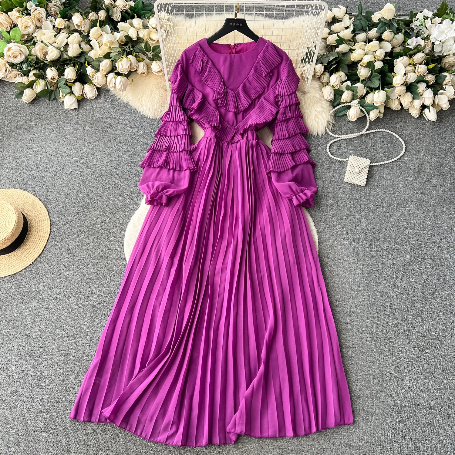 Chic Ruffle Pleated Long Sleeve V Neck Dress Chiffon A-line Casual Dresses Korean Fashion Women Elegant Vestidos