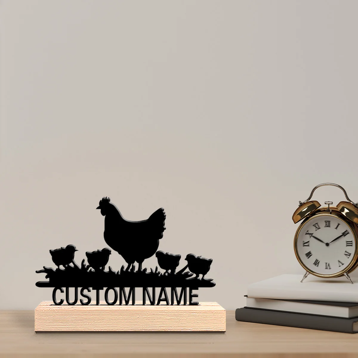 1pc New Design Personalized Custom Hen and chicks Metal Statues With Wooden Base Tabletop Decoration Rustic Wooden Base Desk Dec