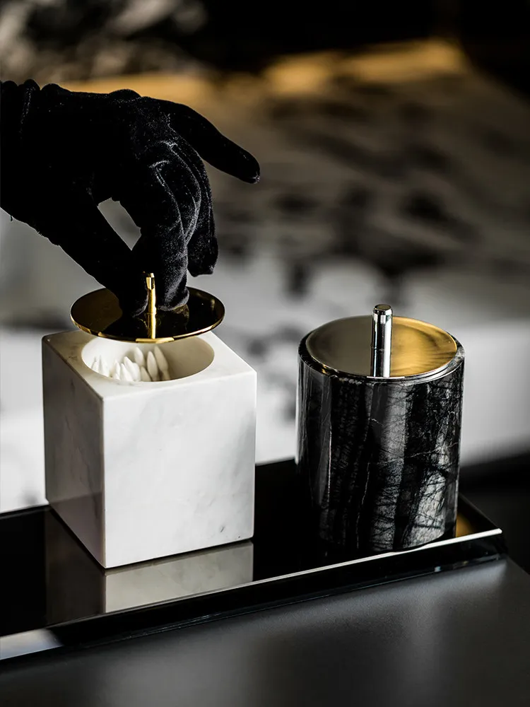 High-end Marble Cotton Swab Holder Bathroom Cosmetics Storage Box Home Marble Jewelry and Toothpick Storage Box Home Decoration
