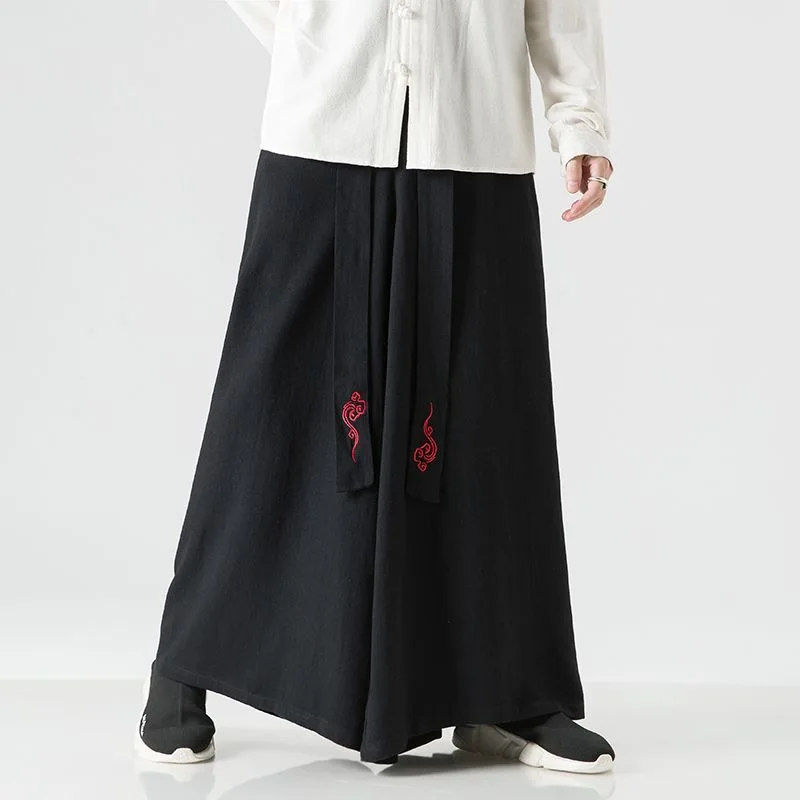 Men Cotton Linen Cloud Embroidery Skirt Pants Male Ribbon Chinese Vintage Ethnic Style Trouser Senior Quality Oversize Pantalone