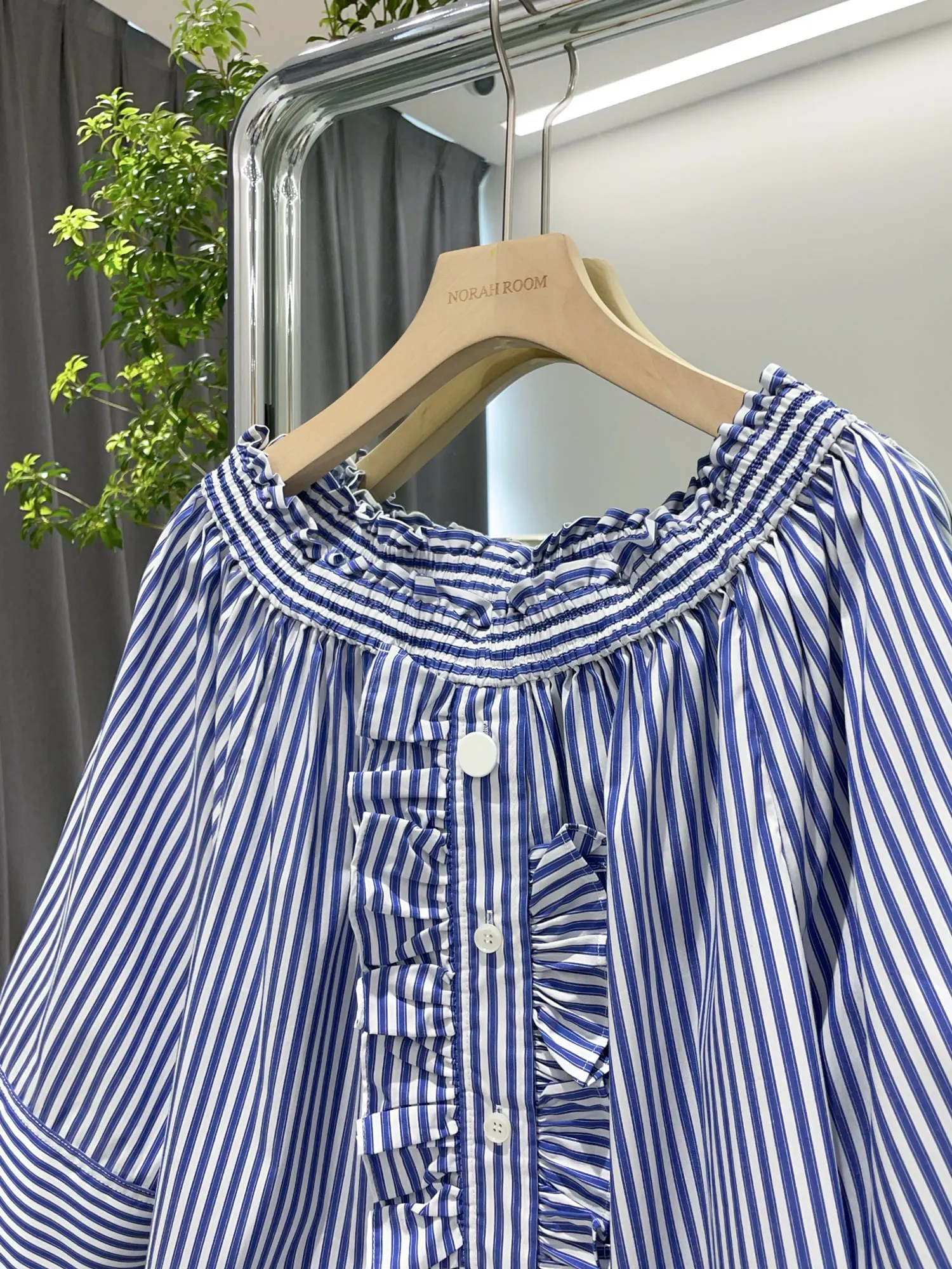Loose Fit Cotton irt LUC One oulder Elastic Nine Sve Commute Sle Korean Version Regular Sve Length Long Button Cl...