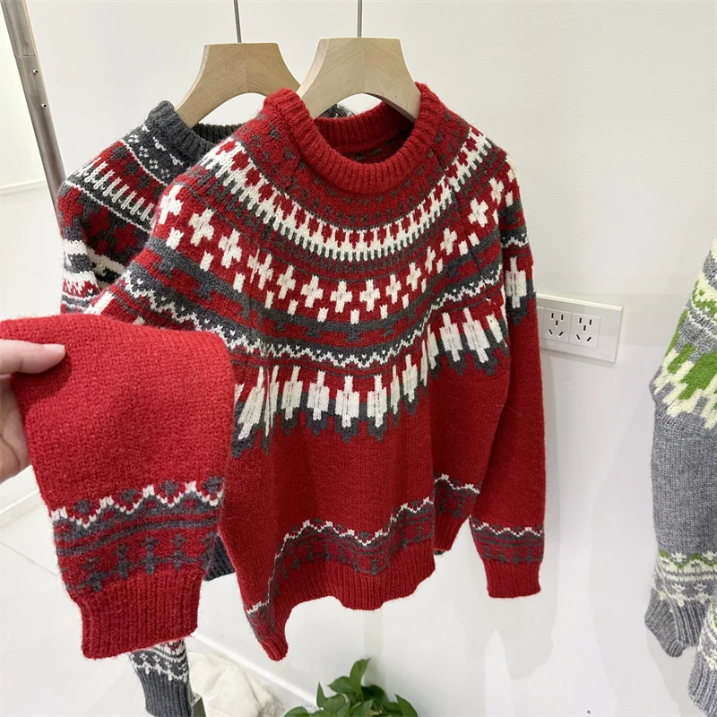 LUZHEN Korean Dongdaemun Chic Jacquard Round Neck Loose Thick Wool Knitted Pullover Women's 2024 Winter Fashion Sweater AA2428