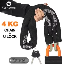WEST BIKING Bike Chain U-Lock Set 4kg Heavy Duty Padlock Anti-Cut Motorcycle Gate Lock for Mountain Electric Bicycle Accessories