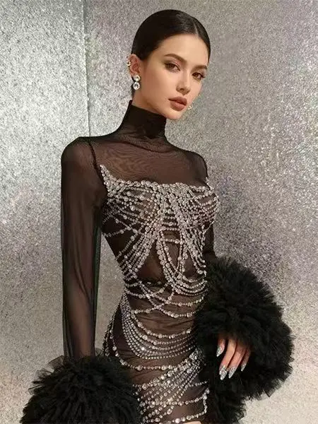 

sexy black crystal mesh see thought dancewear dress Women Celebrate Catwalk show Party NightClub Performance Stage singer Outfit