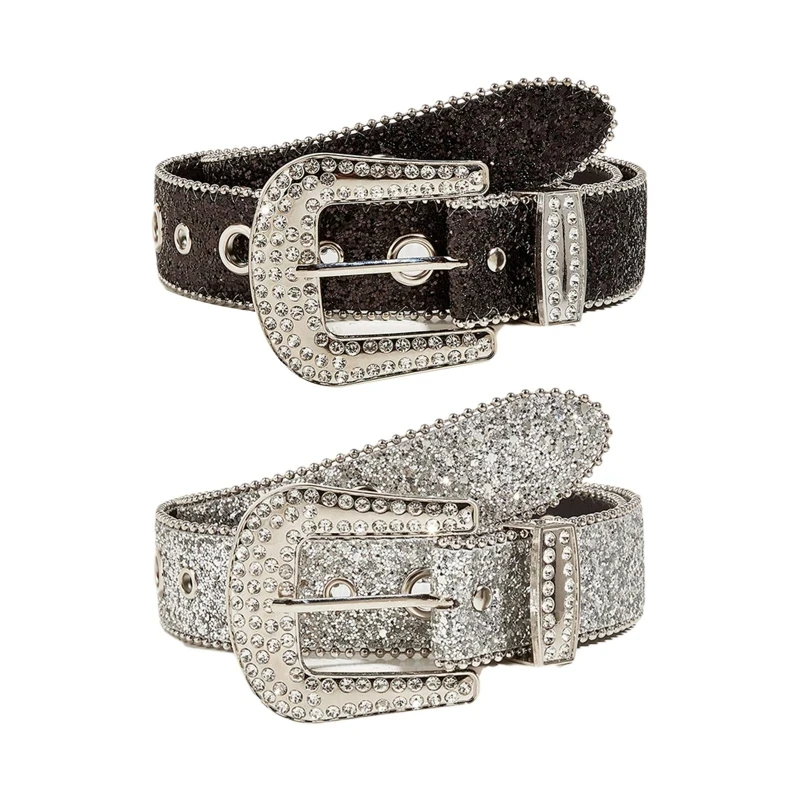 Y2K Women Fashion Solid Print Studded Full Rhinestone Belt PU Leather Bling Crystal Adjustable Glitter Waistband for Club Party