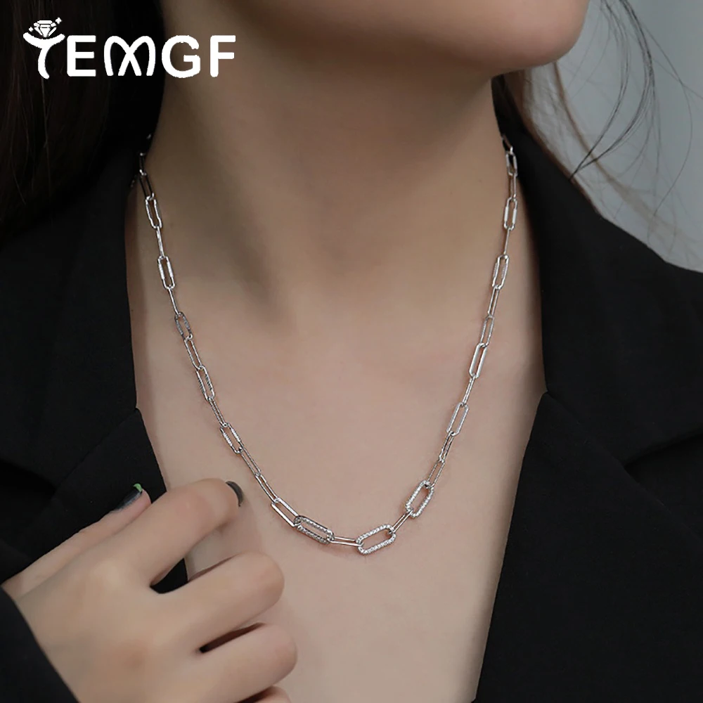 

TEMGF 925 Sterling Sliver Necklace High Quality Zircon Inlay Interlocking Design for Women Men Party Hip Hop Collarbone Chain