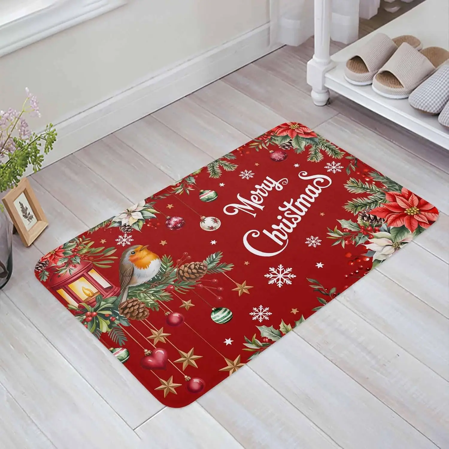 Christmas Poinsettia Xmas Balls Snowflake Doormat Decor Kitchen Corridor Balcony Rugs Bath Anti-slip Foot Mat Christmas Decor