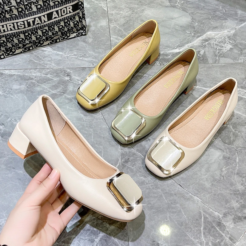 2024 Summer New Elegant Medium Heel Women's Shoes Square Toe Buckle Slip-On High Heels Women Shoes Soft Leather Pumps