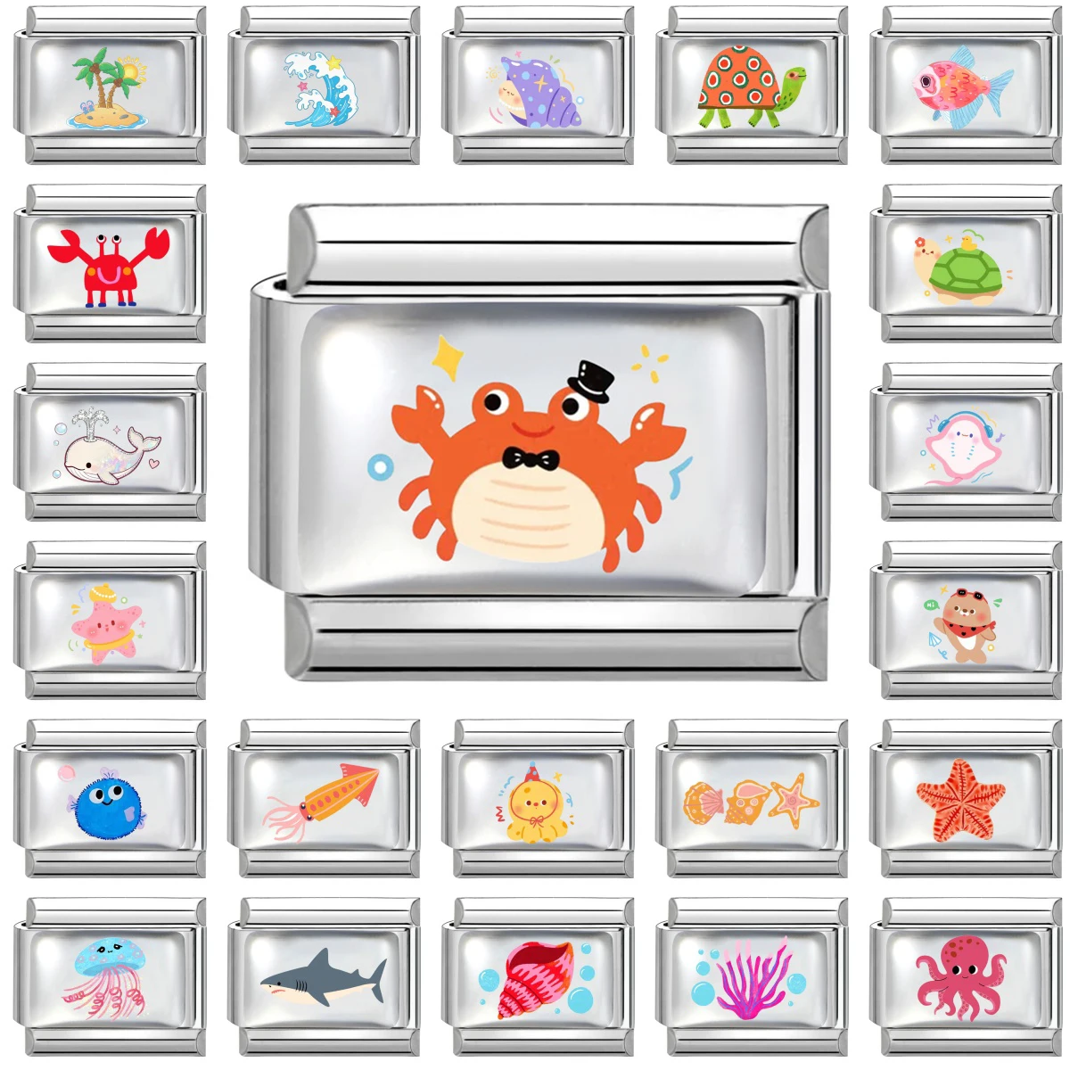 New Cute Marine Organisms Crab Fish Charm Italian Links Fit 9mm Bracelet Stainless Steel Women Making DIY Jewelry Gift Wholesale
