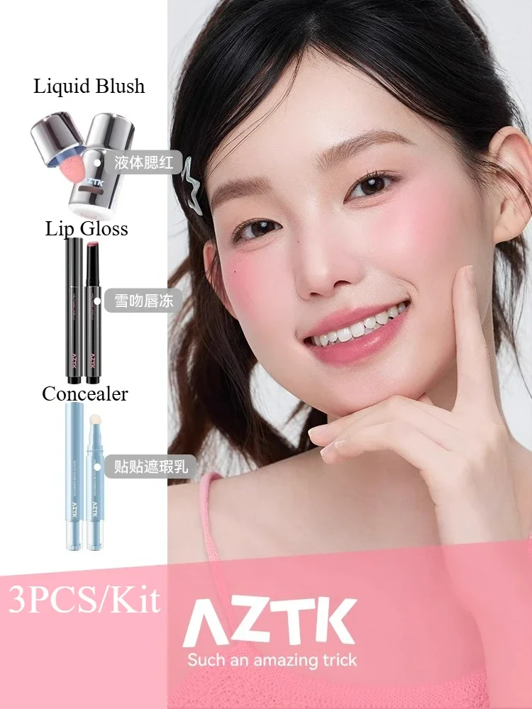 AZTK 3-teiliges flüssiges Rouge-Concealer-Lipgloss-Make-up-Set, erweitert die Farbe Schrumpfen und hellt das langlebige Gesichts-Make-up-Set auf