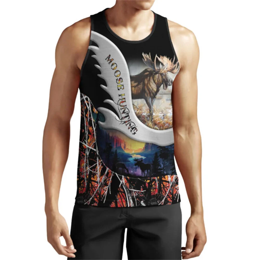 

MSIEESO Men Vest Animal Moose Hunting 3D Graphics Printed Men Tank Tops Streetwear Sleeveless Casual Summer Crew Neck Tank Tops