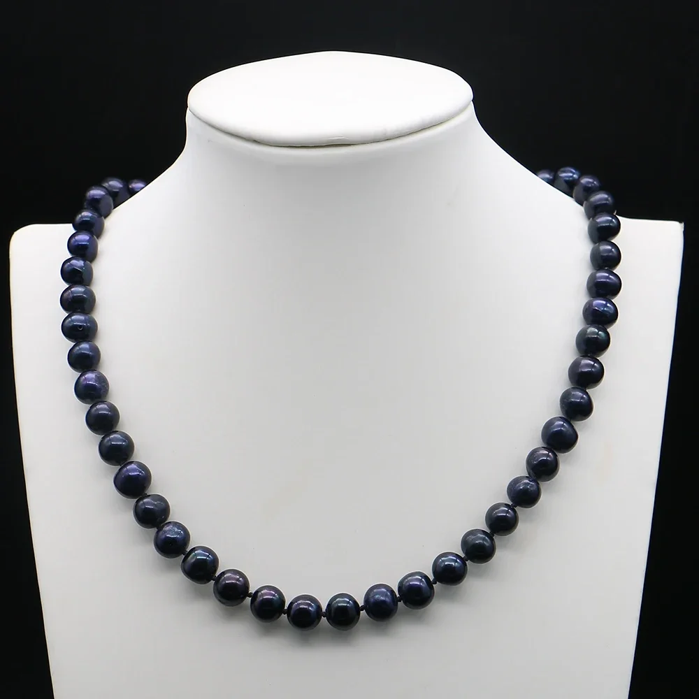 Exquisite Fashionable Natural Freshwater Dyed Black Round Pearl Straight Hole Necklace Jewelry Accessory Gift 1strand 7-8mm