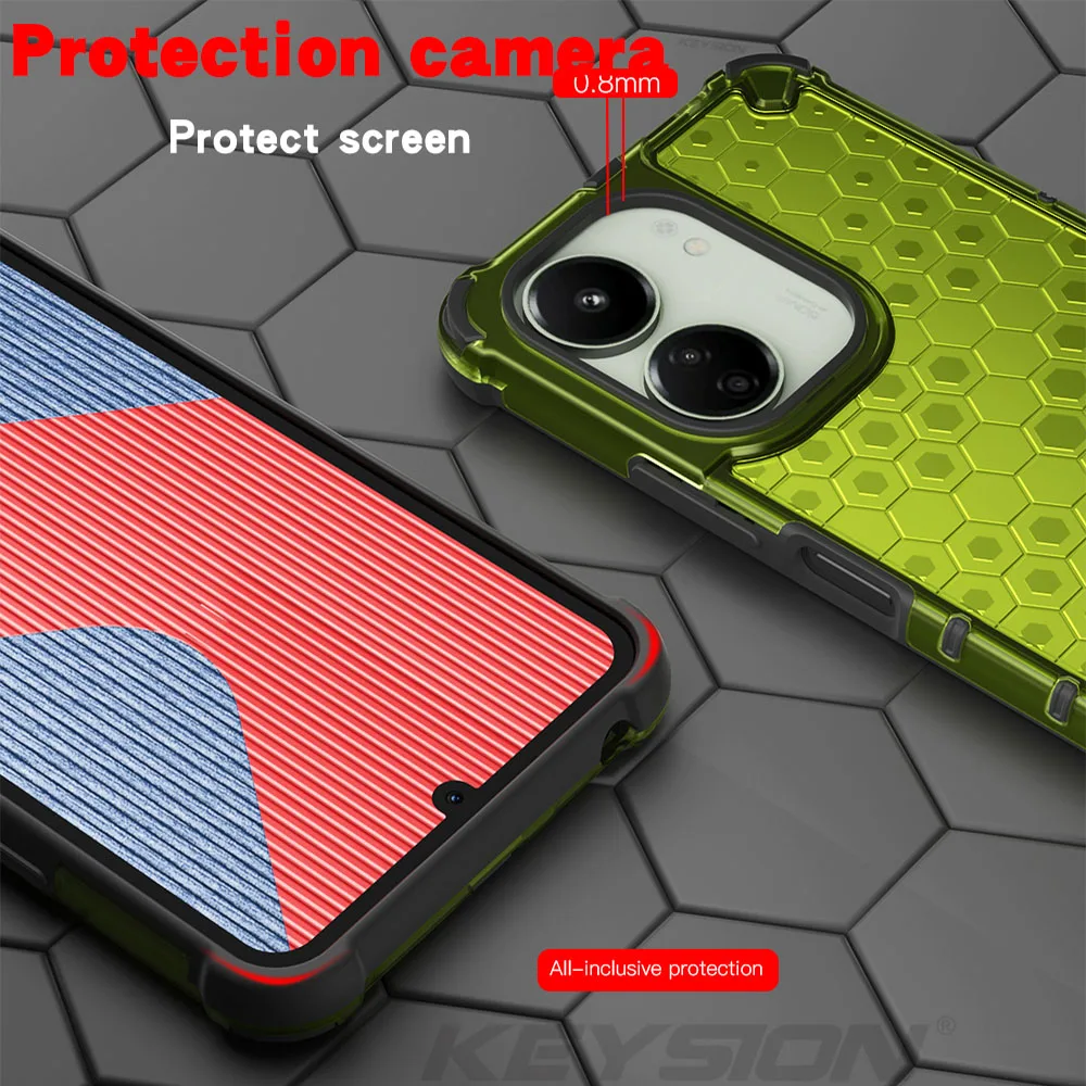 KEYSION Shockproof Armor Case for POCO C65 M6 5G Silicone+PC Transparent Honeycomb Phone Back Cover for Redmi 13C 4G 13C 5G