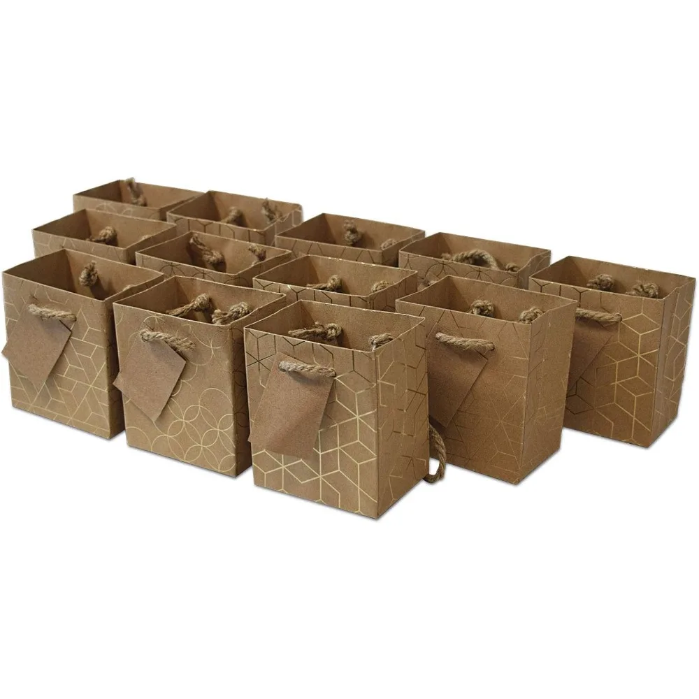 

Mini Gift Bags with Handles, Brown Gold Paper Tote for Christmas, Holidays, Cards, Weddings, Birthdays, Shopping, Bu