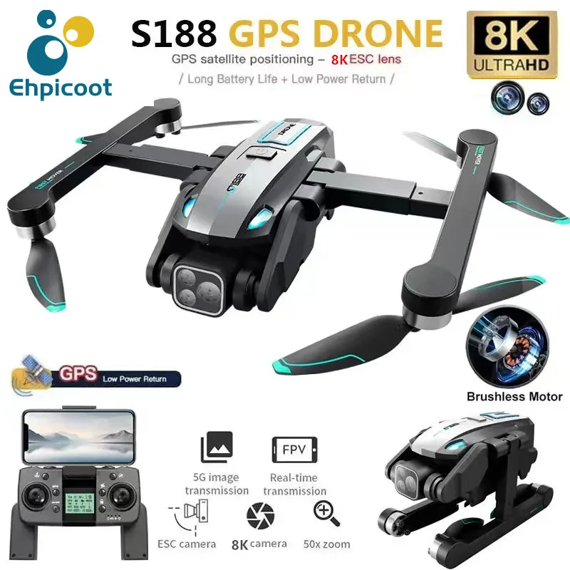 S188 GPS Drone 8K Professional HD Dual Camera 5G Wifi Obstacle Avoidance Brushless Foldable Quadcopter RC Distance 2KM Dron Toys