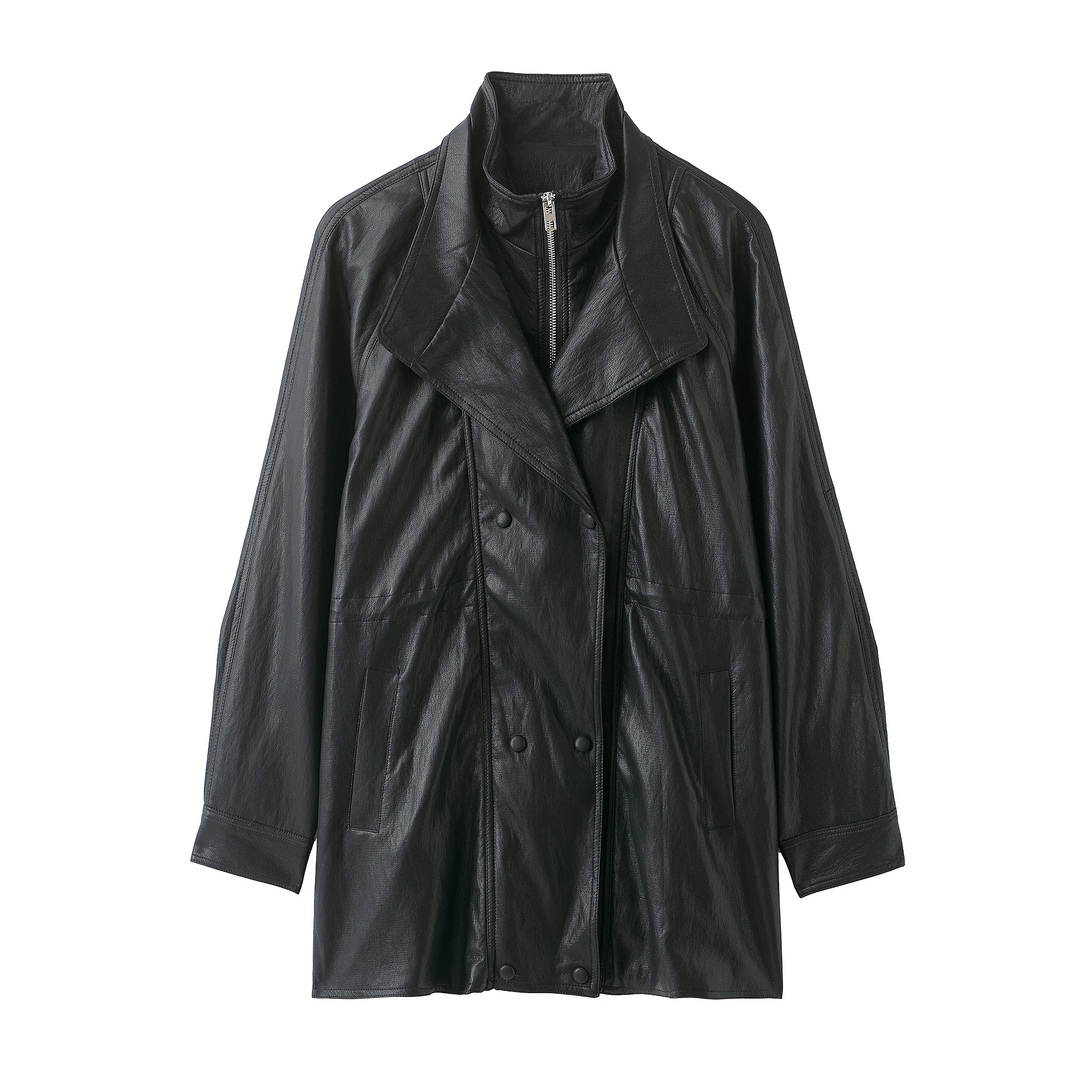 سترة KONDALA النسائية الكلاسيكية المصنوعة من مادة البولي يوريثان باللون الأسود الصلب موضة 2025 ملابس خارجية مزدوجة الصدر معطف طويل للسيدات في الشارع #6