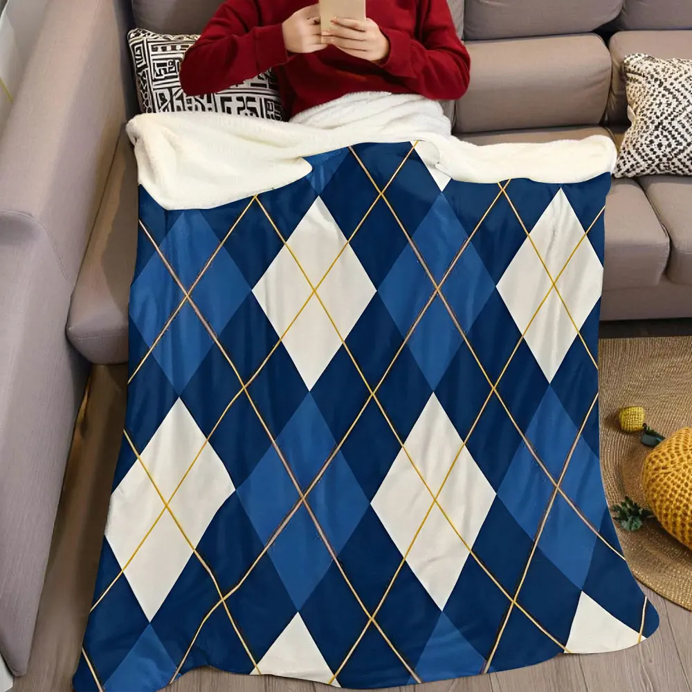 Navy Gold Argyle Flannel Blanket Warm Soft Halloween Christmas Decorative Couch Warm Cozy All-Season Gift