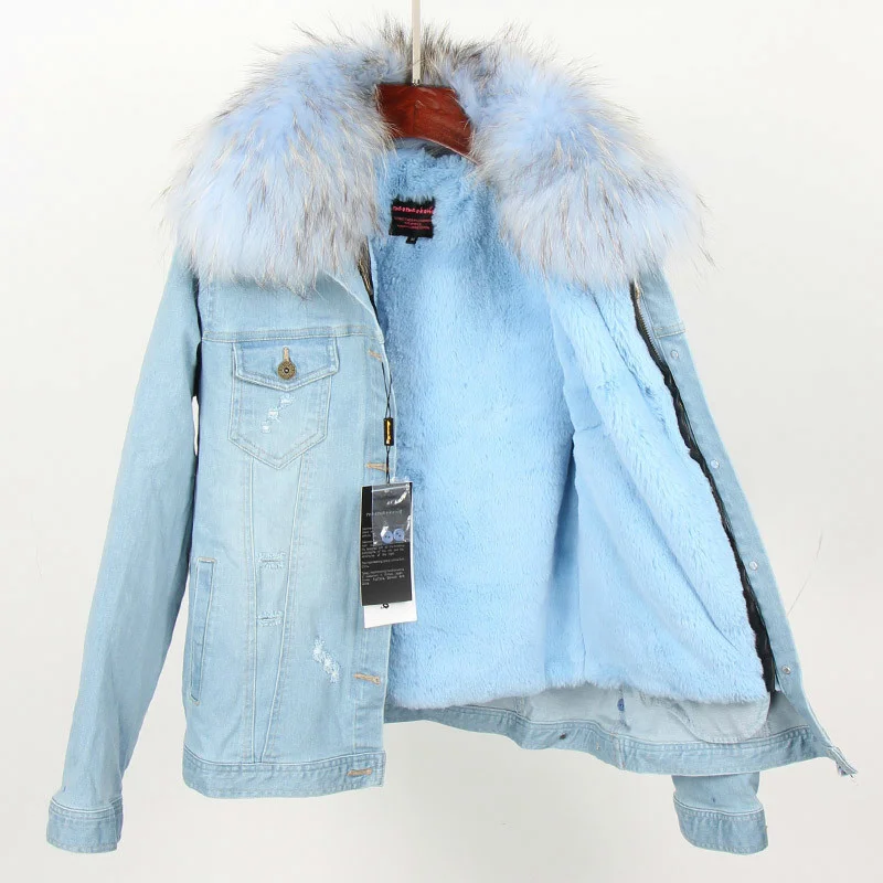 

Denim Jacket Women Raccoon New Fur Collar Environmentally friendly liner For Winter Coat female parkas jeans Jackets Coats