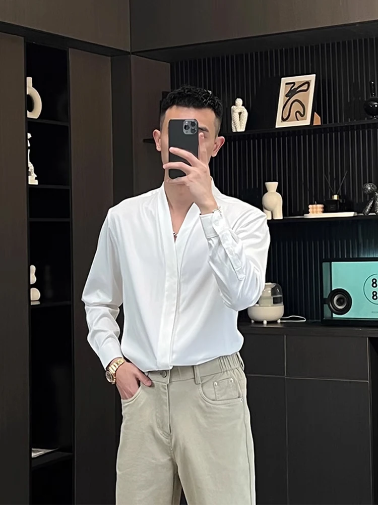 

Briti Sle V-Ne Long Sve irt No Collar Inner Wear Cool And Haome Stand Fit Youthful Trend Polyester Blend Summer