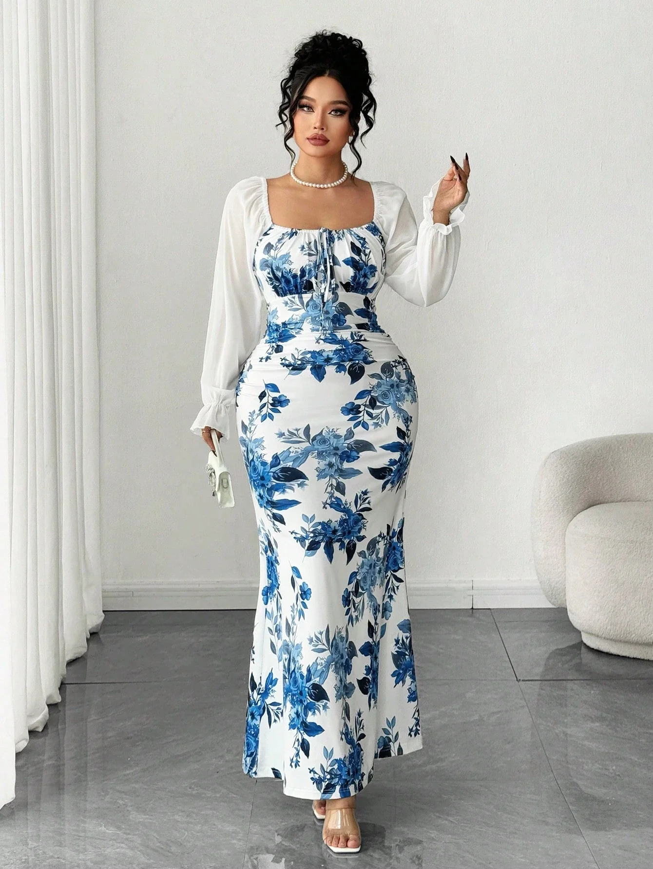 

Платье макси из шифона с квадратным вырезом, бантом и пышными рукавами, с цветочным принтом, для свиданий, встреч и повседневной носки, больших размеров