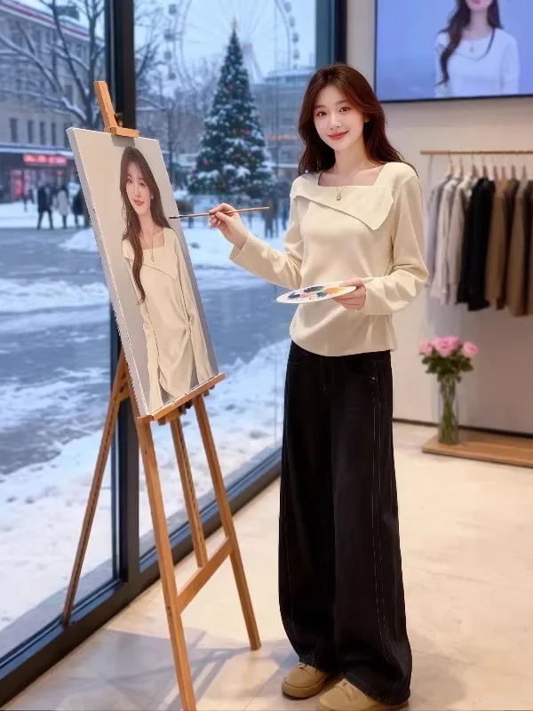 

Spring 2026 Women's Knitted Long Sve Irregular Square Collar Slimming Tummy Covering Waist-Cinching Top plus Size Faion